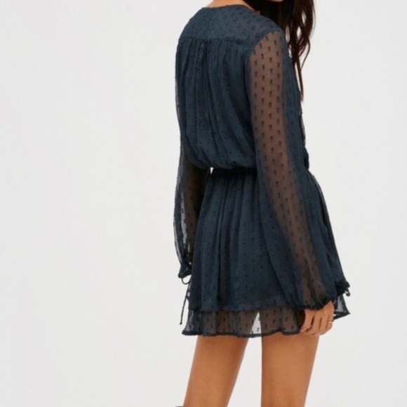 Free People XS Daliah Swiss Dot Deep Black Teal Mini Dress - Picture 2 of 6